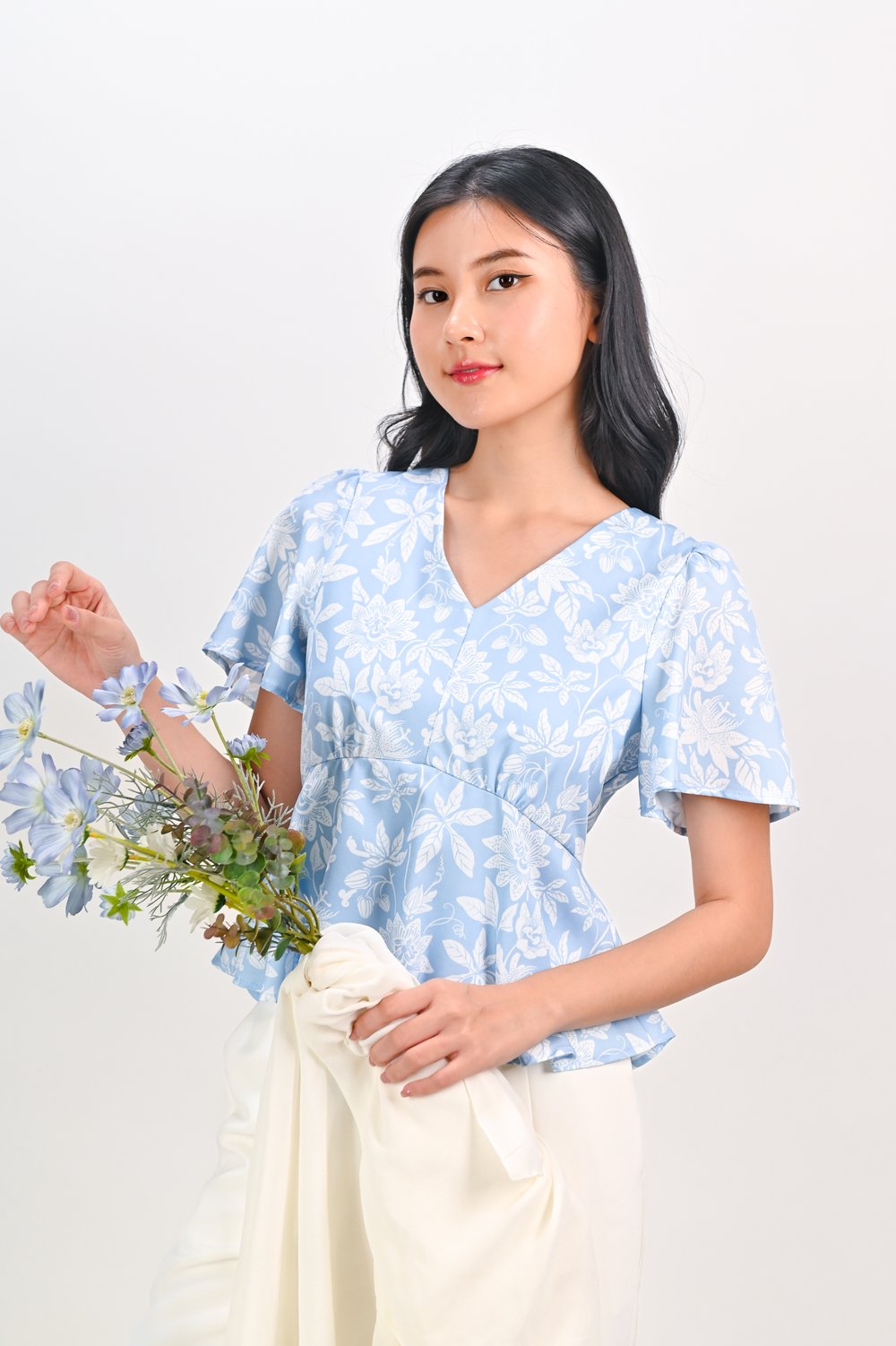 CAMY BLUE SLEEVED PEPLUM TOP