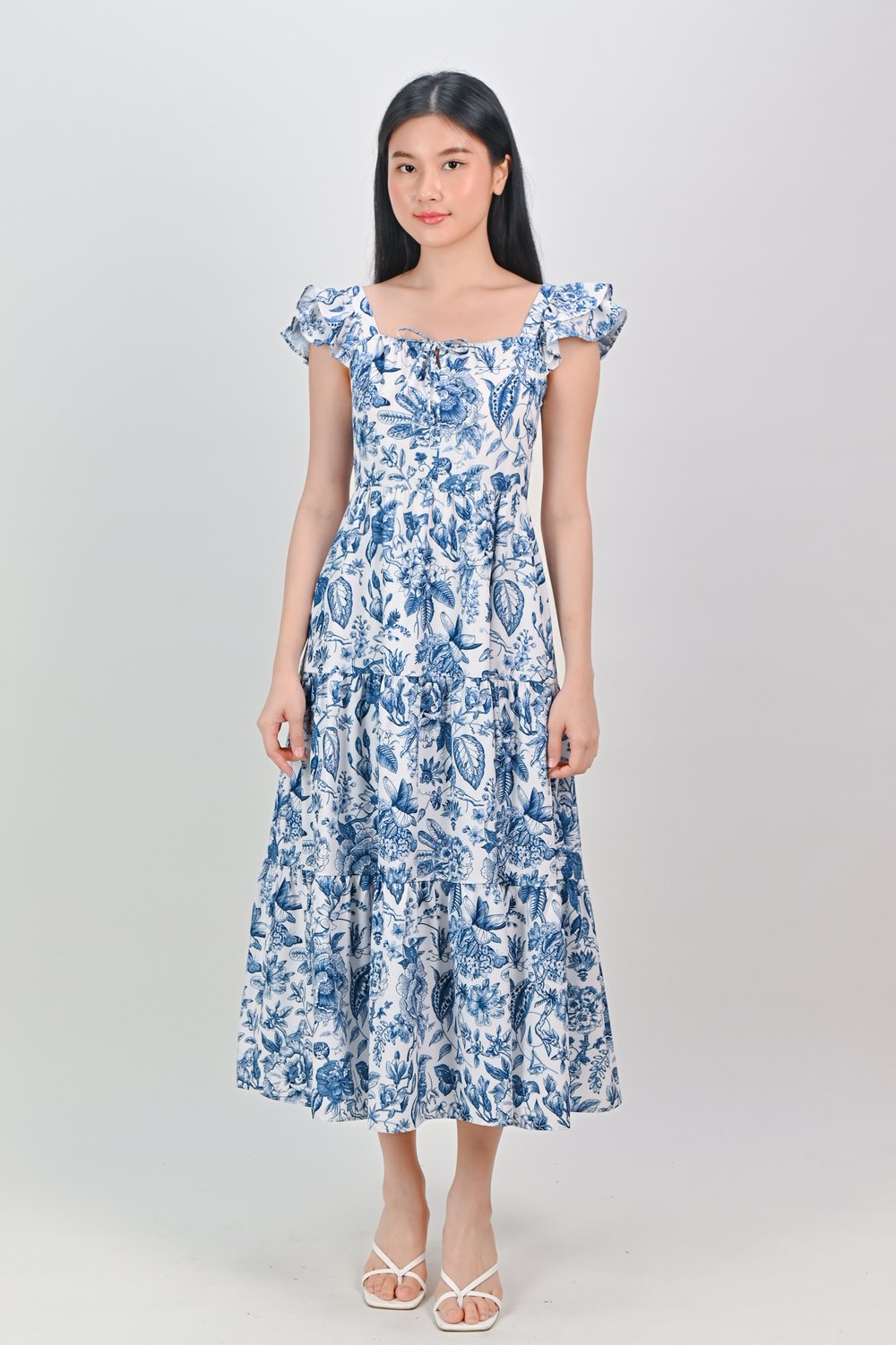 PORCELAIN BLOOMS RUFFLE TIE-DETAIL MAXI