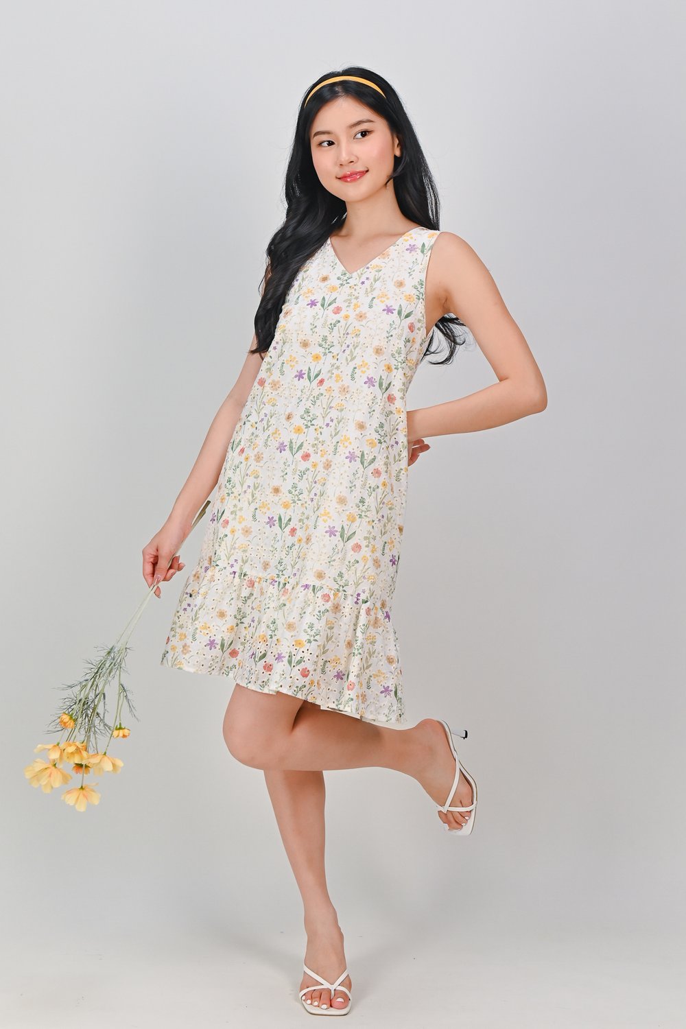 JENNY EYELET SLEEVELESS V-NECK DROPWAIST DRESS