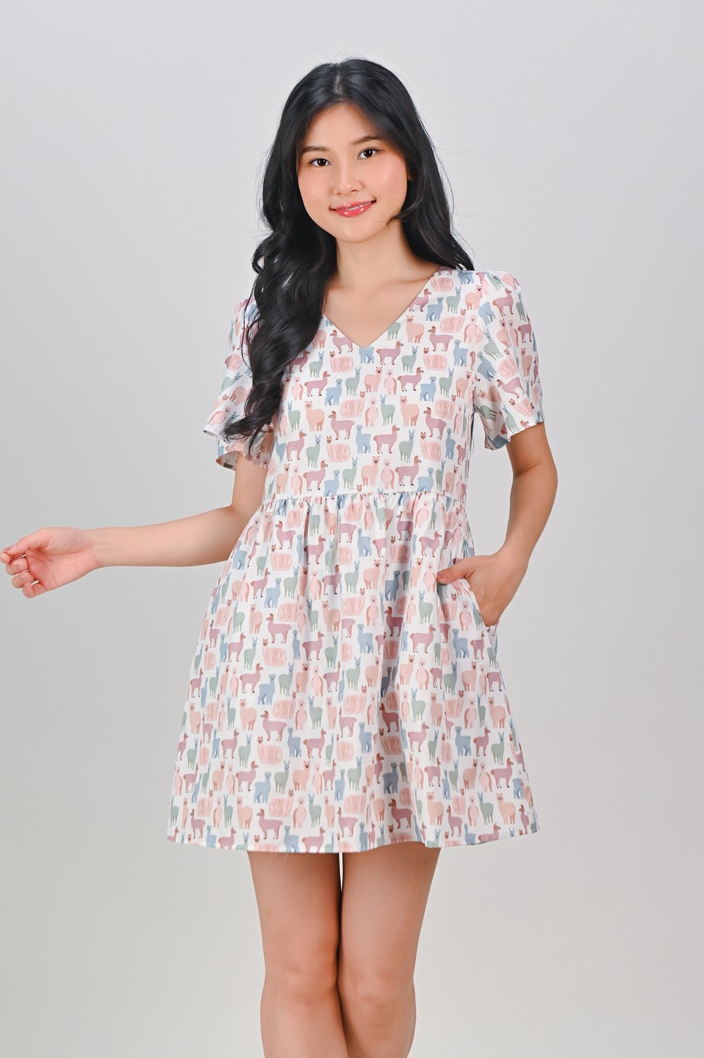 PASTEL LLAMA SLEEVED V-NECK DRESS-ROMPER