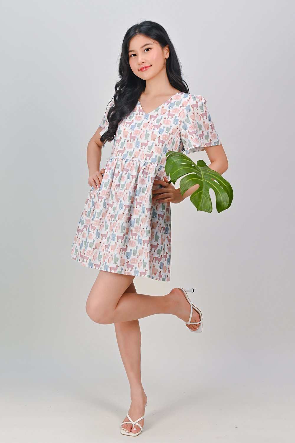 PASTEL LLAMA SLEEVED V-NECK DRESS-ROMPER