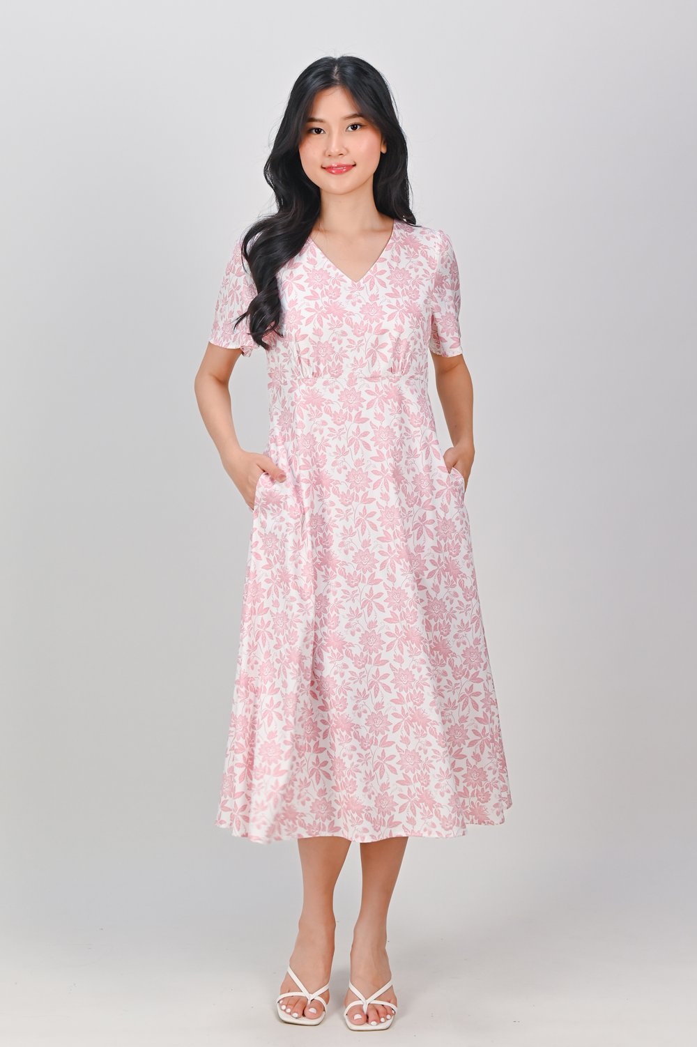 CAMY PINK SLEEVED V-NECK HIGH-WAIST DRESS