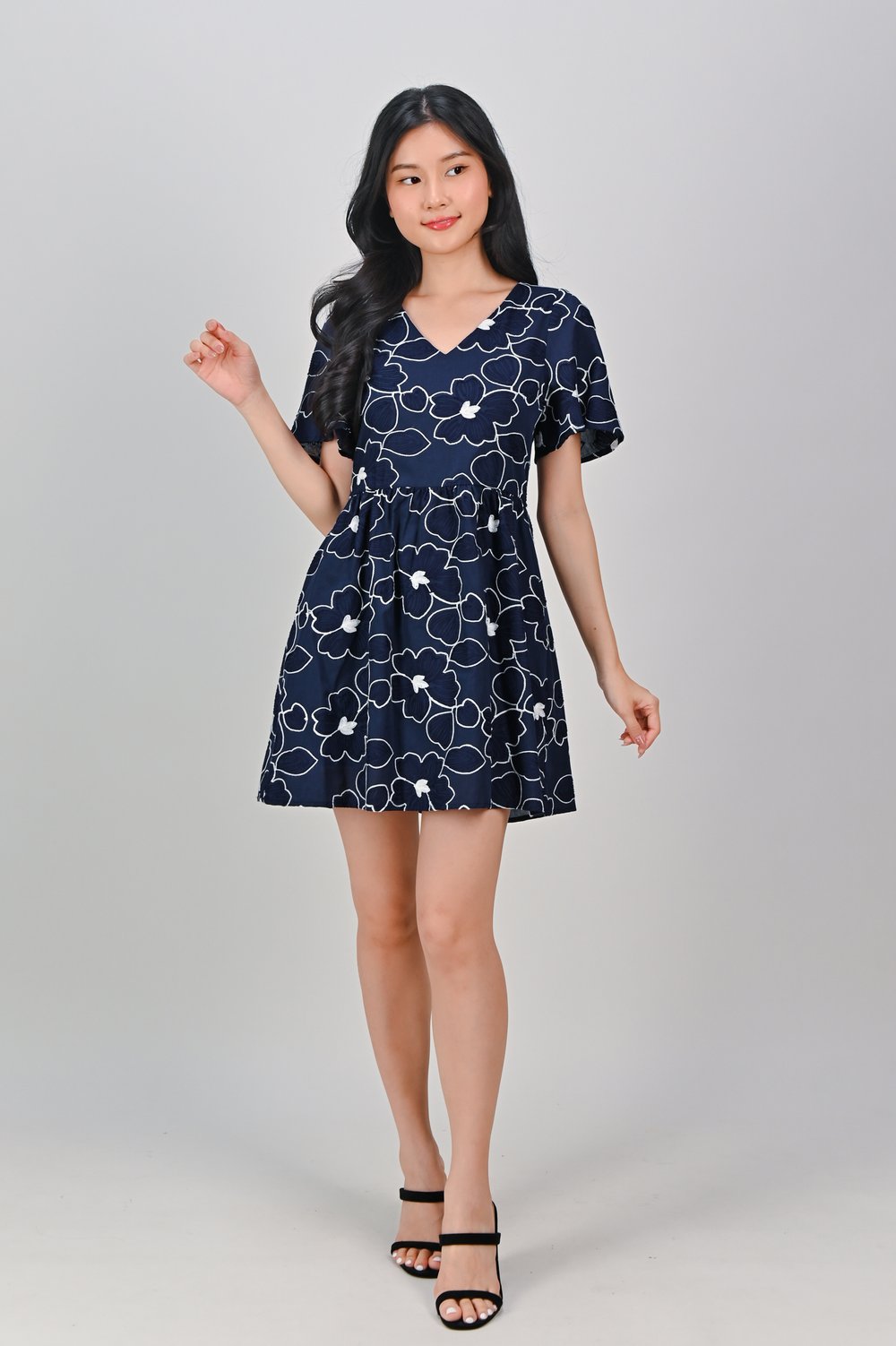 GILLY NAVY FLOWERS V-NECK DRESS-ROMPER