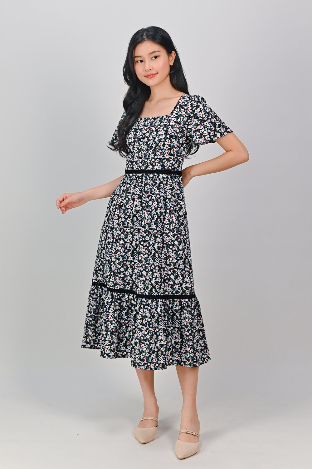 MITCHELL LATTICE-INSERT FLORAL DRESS IN BLACK