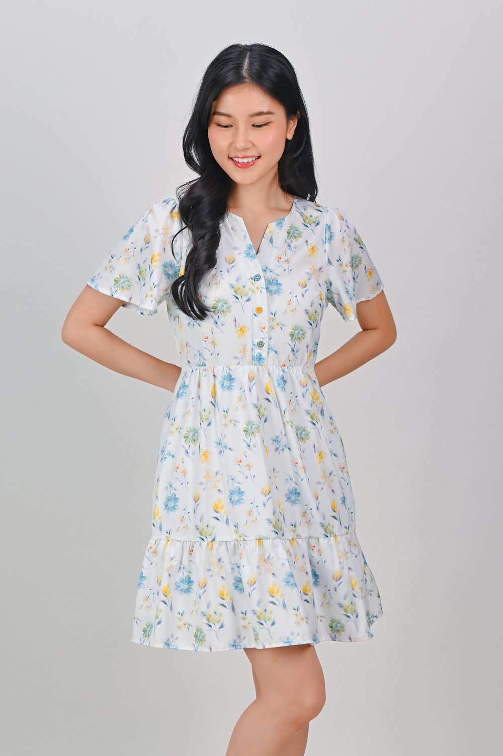 MILANIS BLUE/YELLOW FLORAL FLOUNCE SHIRT-DRESS