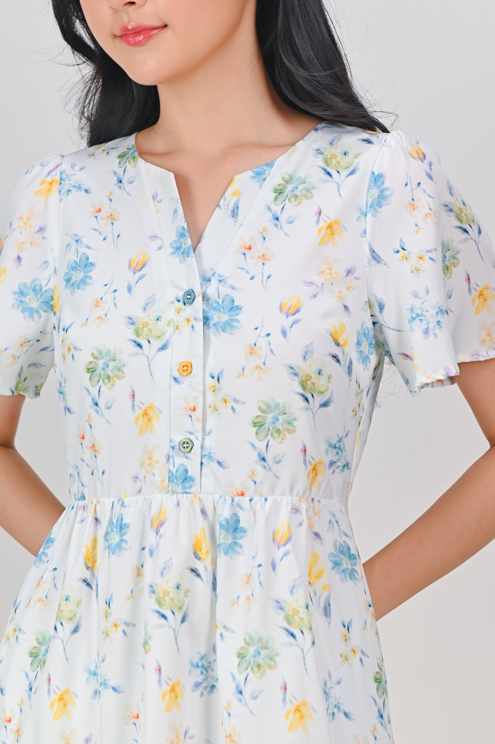 MILANIS BLUE/YELLOW FLORAL FLOUNCE SHIRT-DRESS