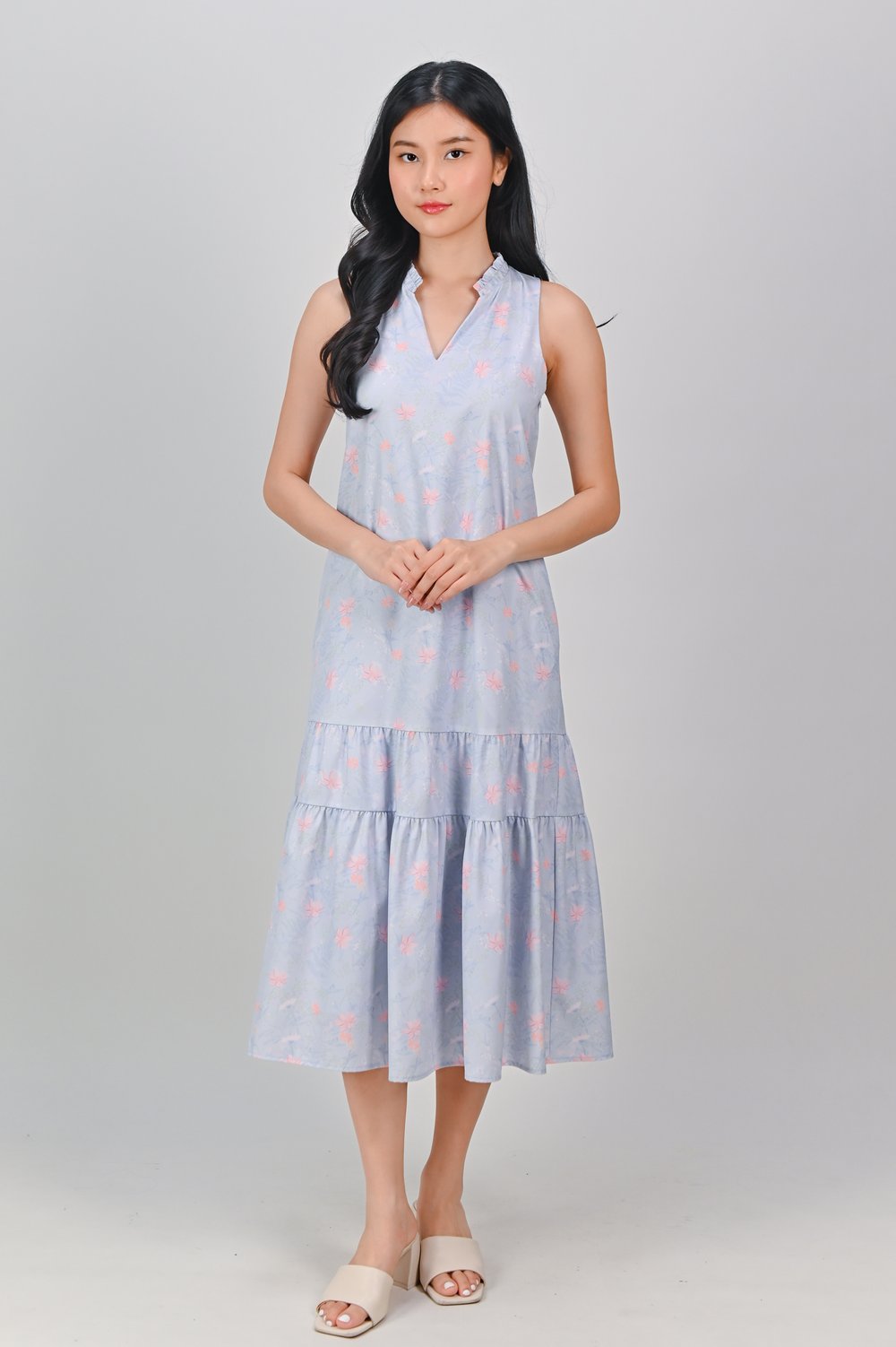 FLORAL PROVINCE BLUE FRILL-NECK TIERED DRESS