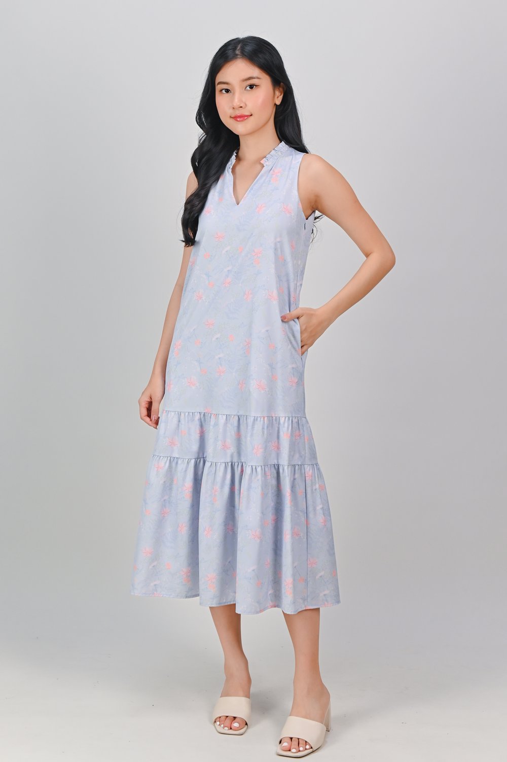 FLORAL PROVINCE BLUE FRILL-NECK TIERED DRESS