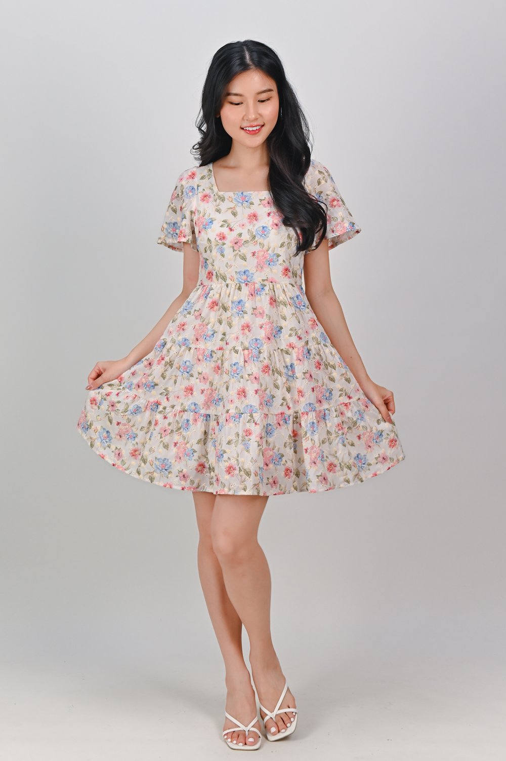 SPRING STITCH SQUARE-NECK TIERED DRESS