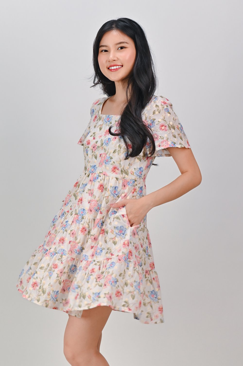 SPRING STITCH SQUARE-NECK TIERED DRESS