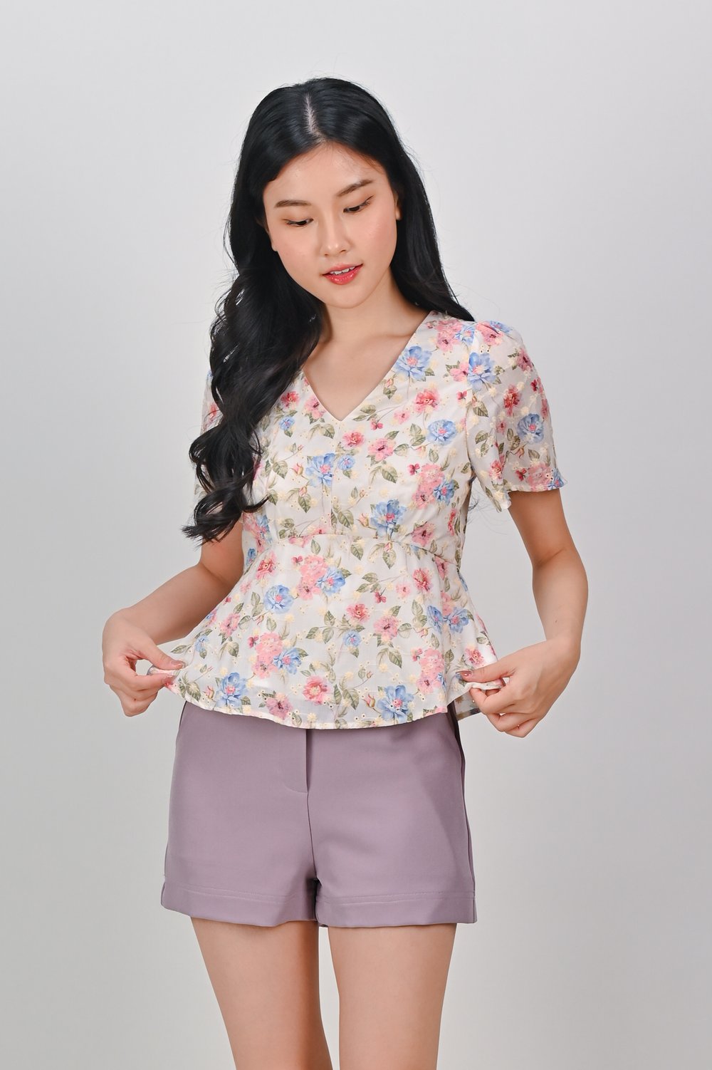 SPRING STITCH SLEEVED PEPLUM TOP