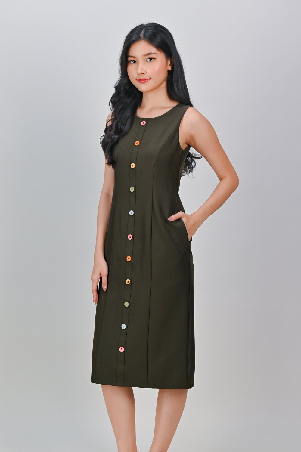 TEMARA BUTTON PENCIL DRESS IN OLIVE