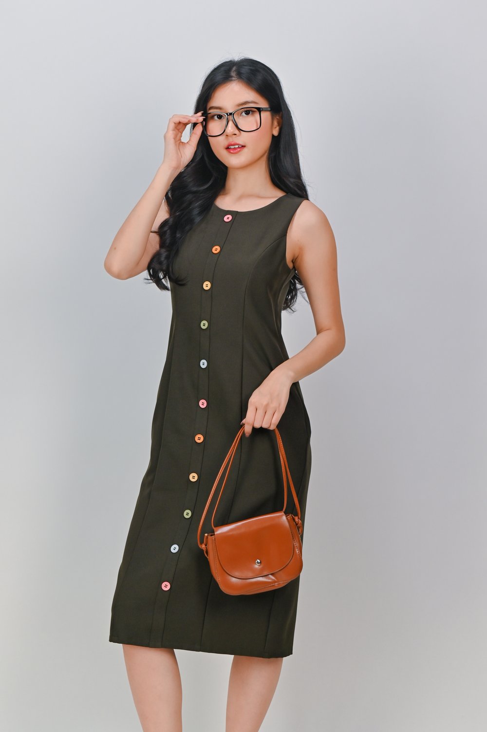 TEMARA BUTTON PENCIL DRESS IN OLIVE