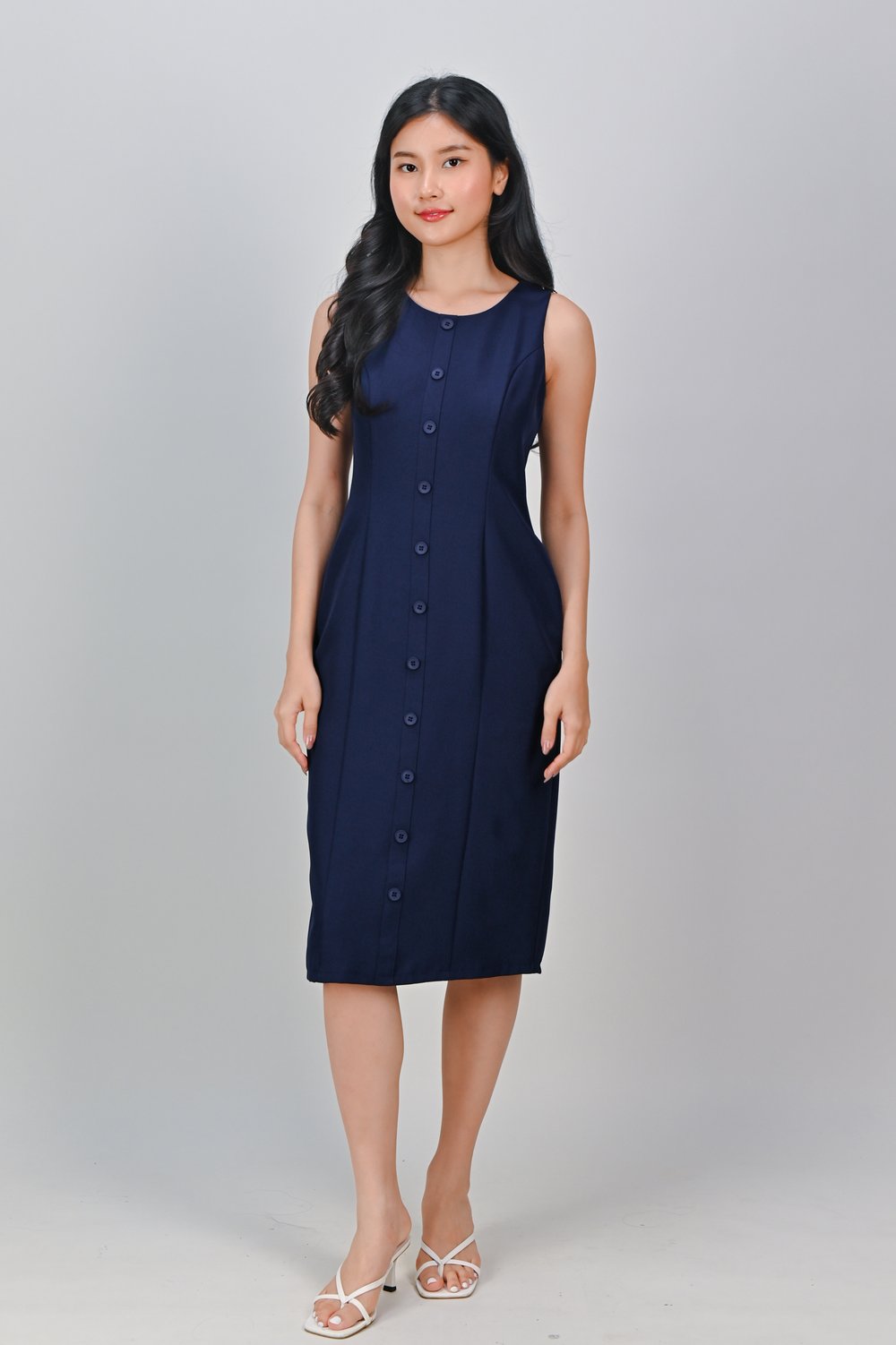 TEMARA BUTTON PENCIL DRESS IN NAVY