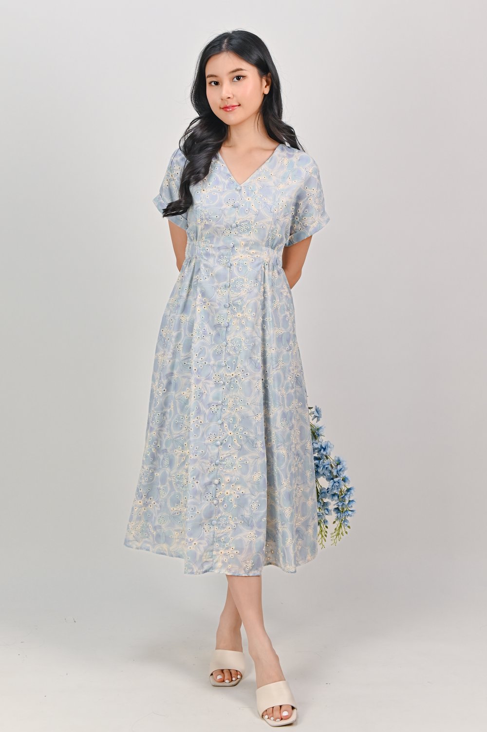 RIDLEY BLUE EYELET FLORAL SLEEVED MIDI DRESS