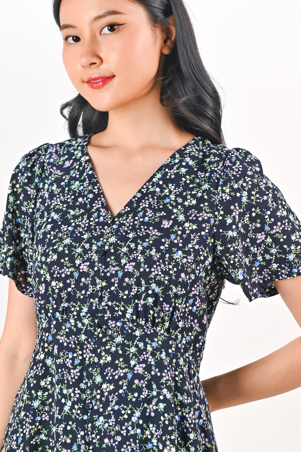 PORTMAN FLORAL SLEEVED BUTTON DRESS IN NAVY