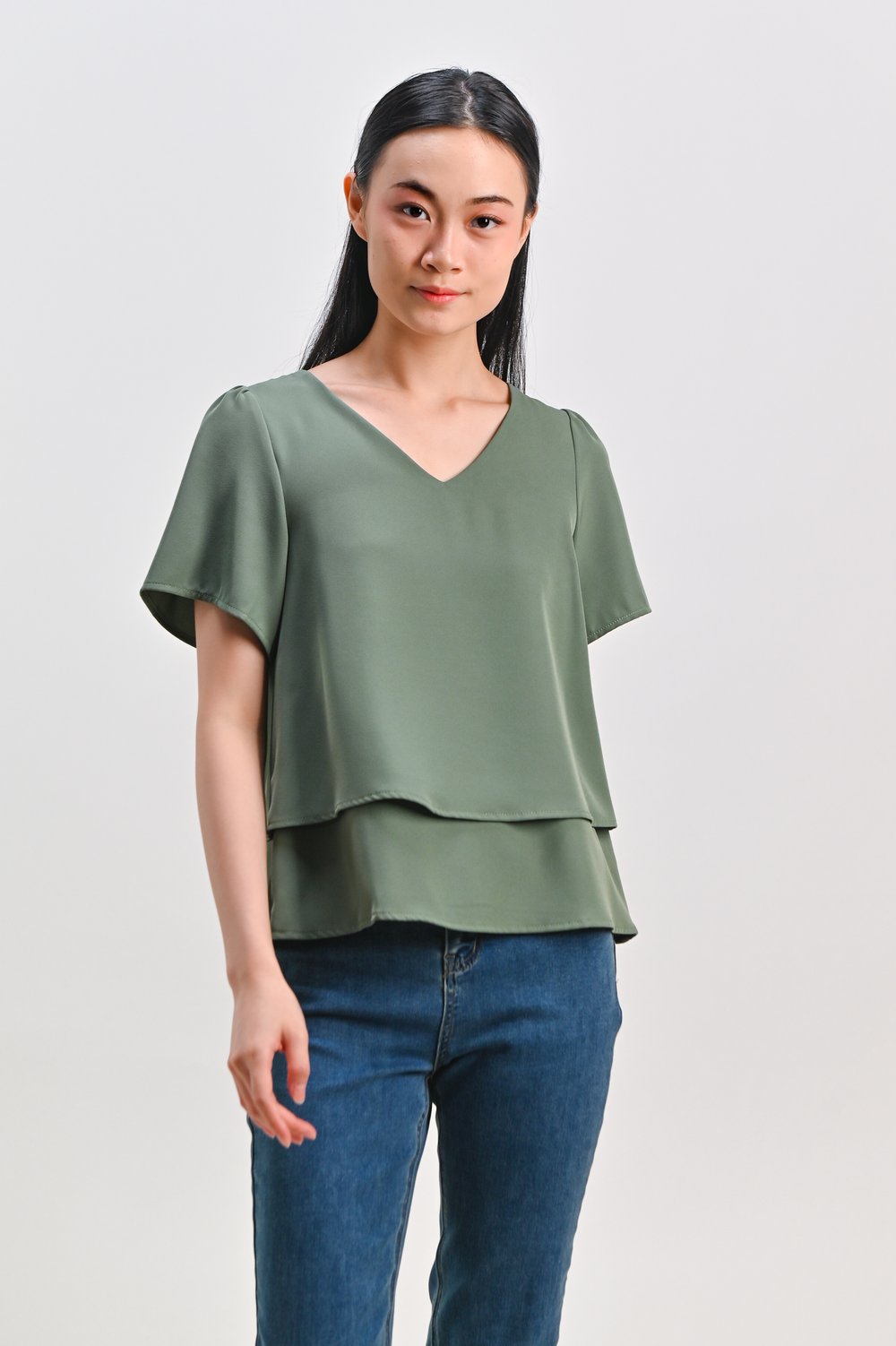 PEIPEI SLEEVED LAYERED TOP IN LIGHT GREEN