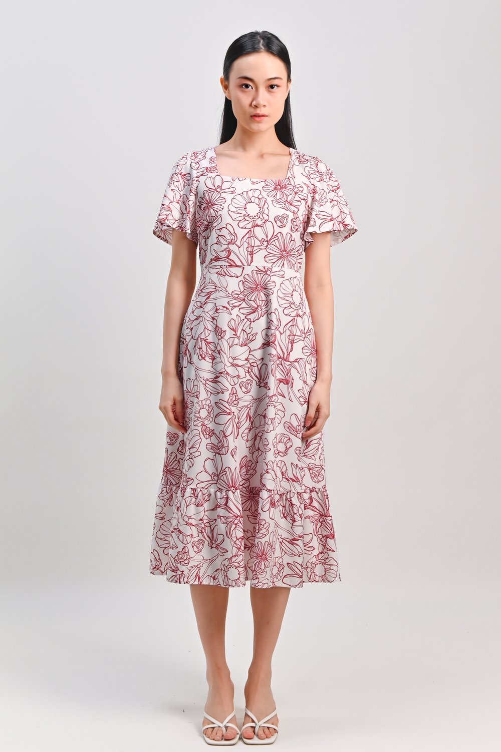 RED SKETCHED FLORALS SQUARE-NECK MIDI DRESS