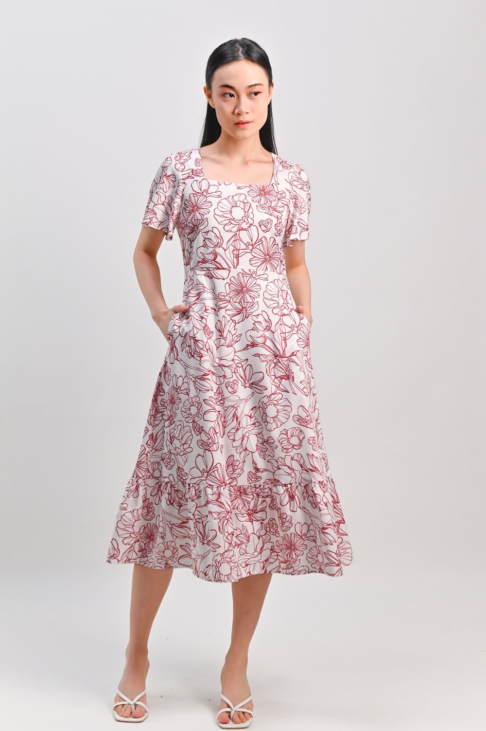 RED SKETCHED FLORALS SQUARE-NECK MIDI DRESS