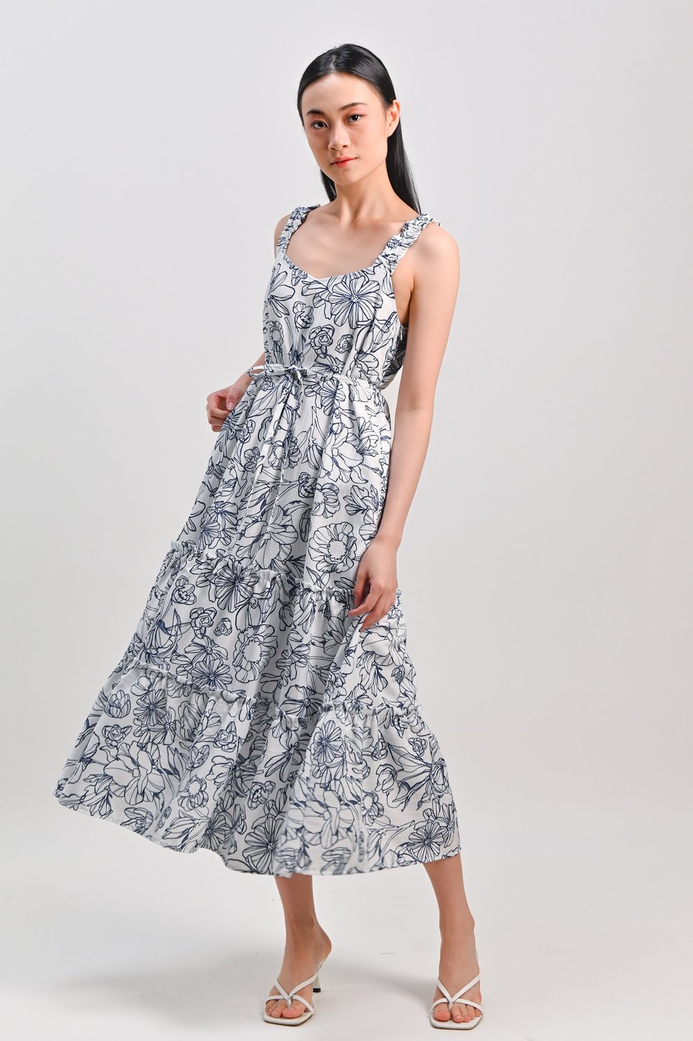 NAVY SKETCHED FLORALS THICK-STRAP DRESS