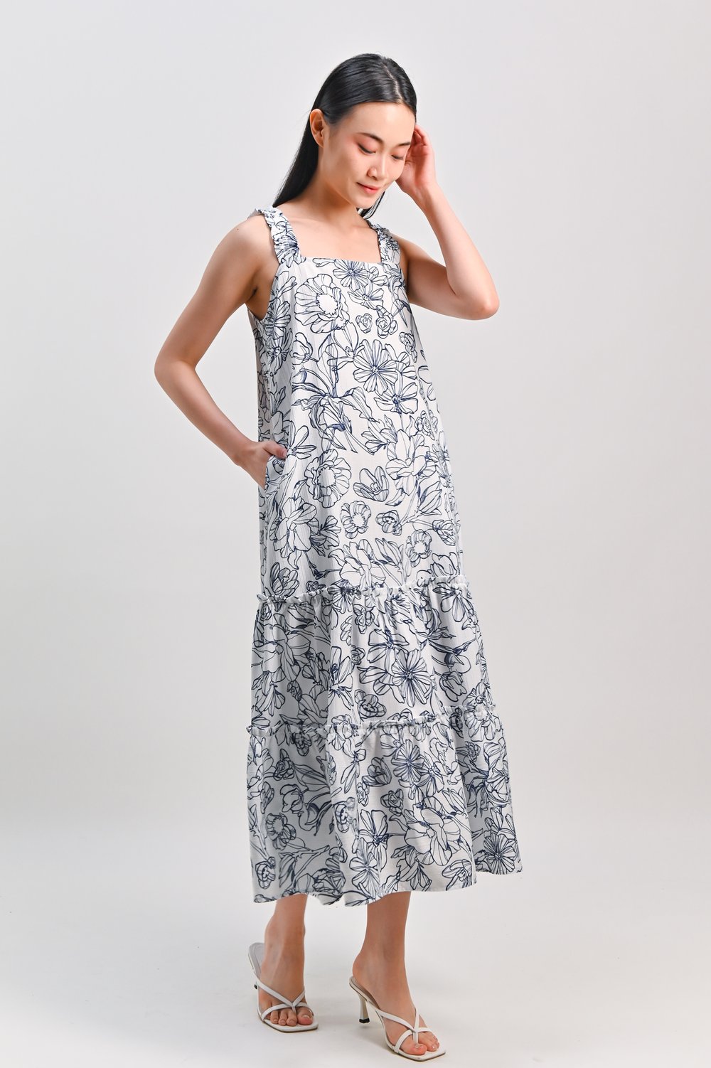 NAVY SKETCHED FLORALS THICK-STRAP DRESS