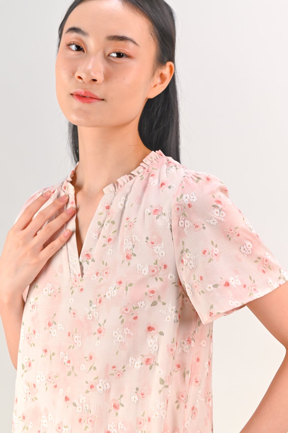 SEFANI PINK FLORAL FRILL-NECK DROPWAIST DRESS