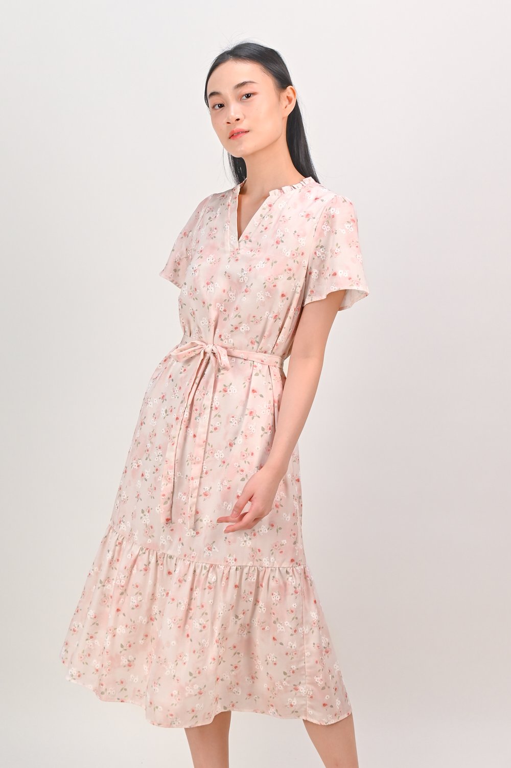 SEFANI PINK FLORAL FRILL-NECK DROPWAIST DRESS