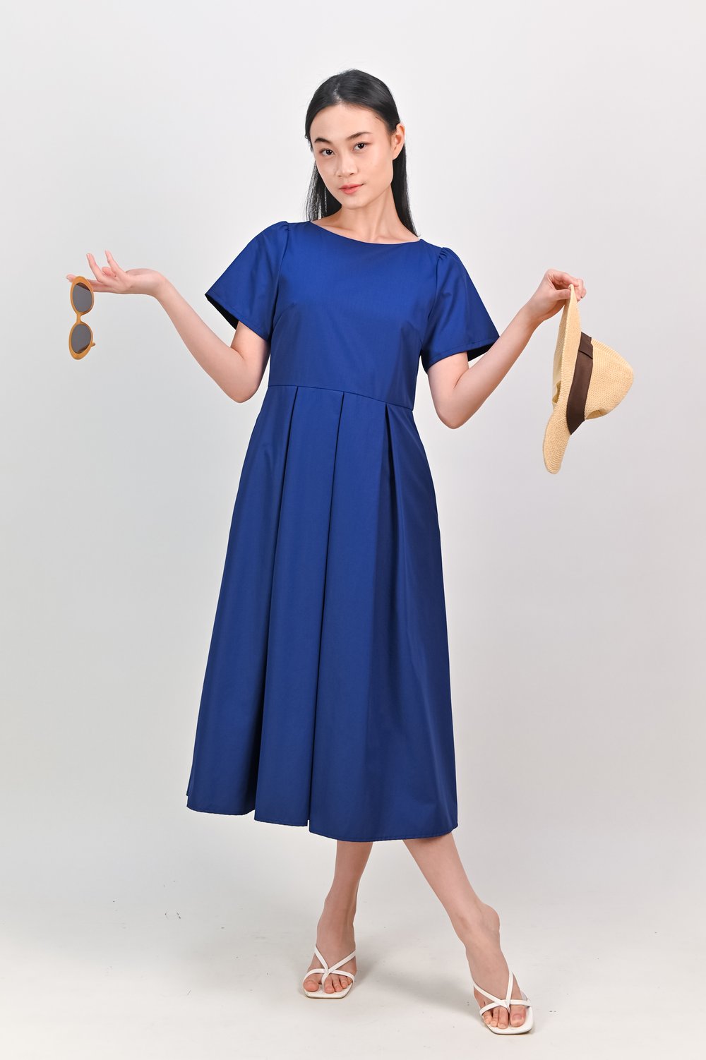 SALDANA SLEEVED BOX-PLEAT DRESS IN BLUE