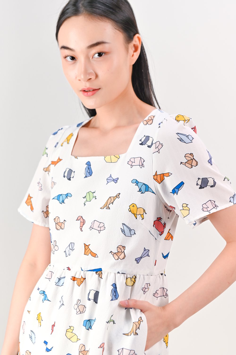 WHITE ORIGAMI ZOO PRINTED BABYDOLL DRESS