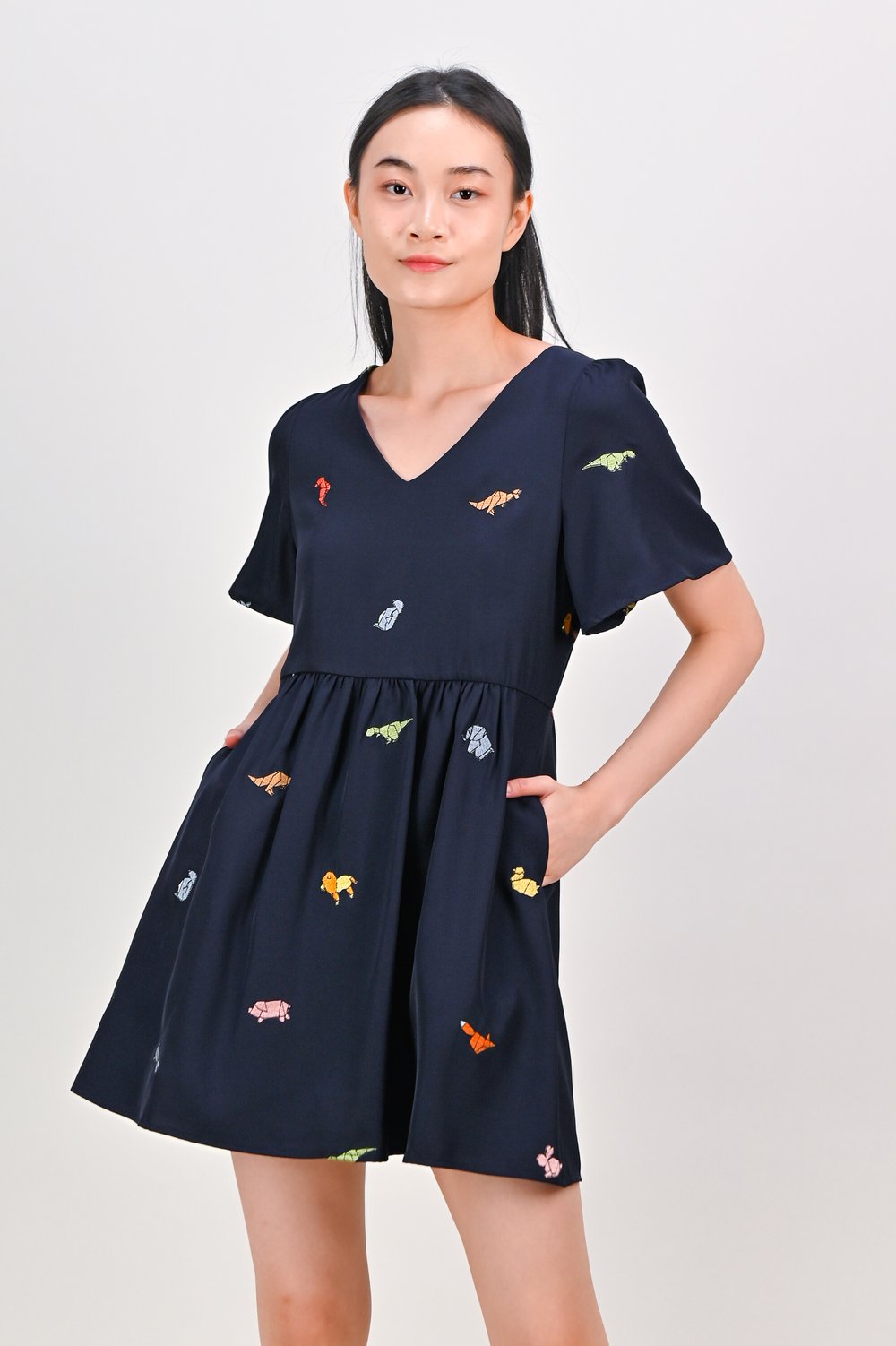 ORIGAMI ZOO NAVY EMB. V-NECK DRESS-ROMPER