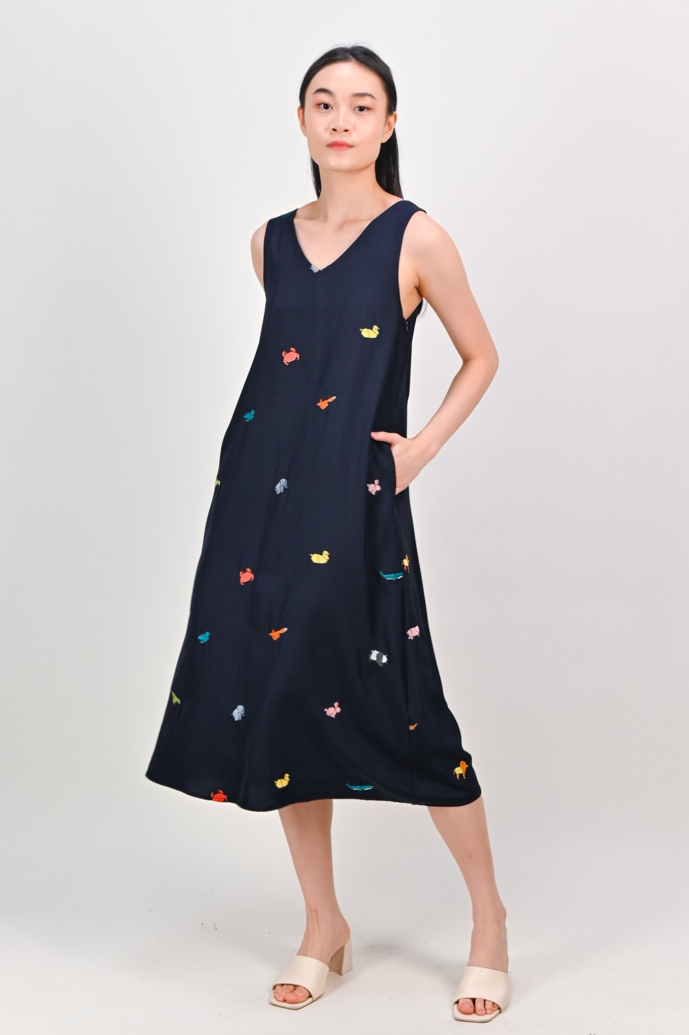 ORIGAMI ZOO NAVY EMB. TWO-WAY MIDI DRESS