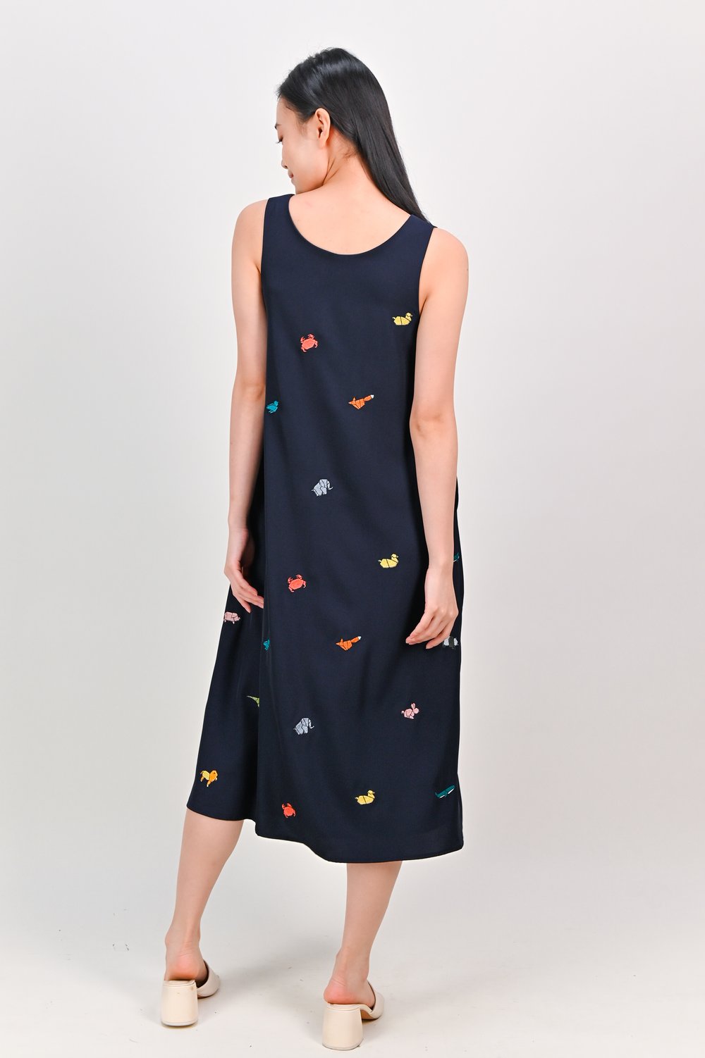 ORIGAMI ZOO NAVY EMB. TWO-WAY MIDI DRESS