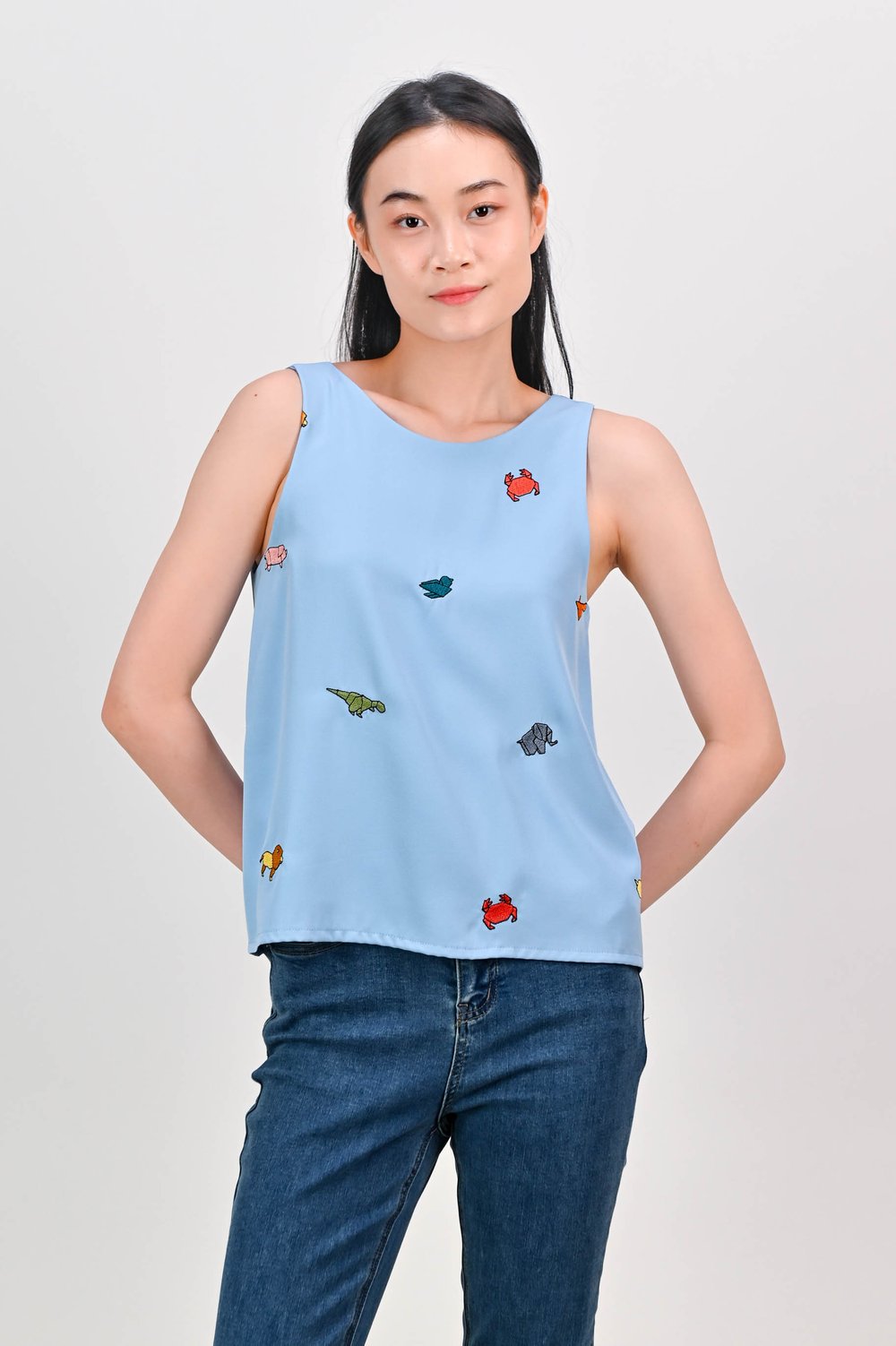 ORIGAMI ZOO EMB. TWO-WAY TOP IN BLUE