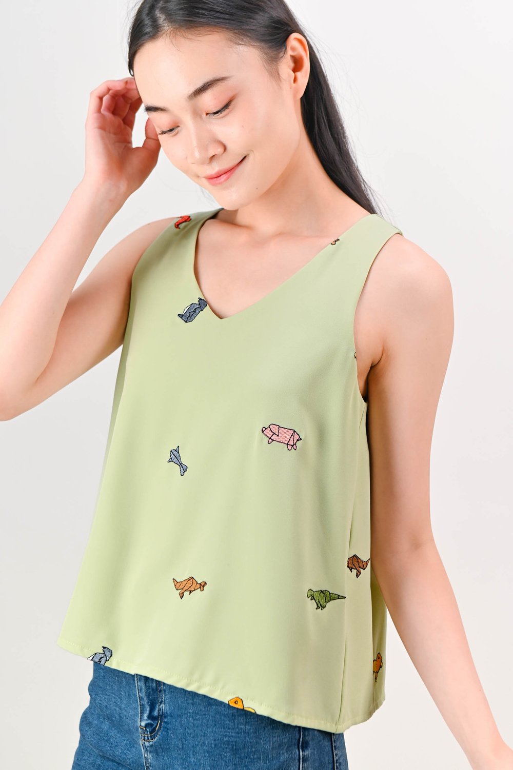 ORIGAMI ZOO EMB. TWO-WAY TOP IN GREEN