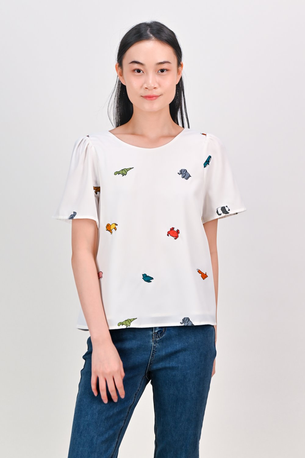 ORIGAMI ZOO EMB. SLEEVED TOP IN WHITE
