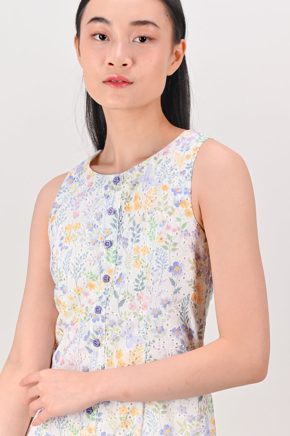 GARNETTE EYELET FLORAL SLEEVELESS PENCIL DRESS