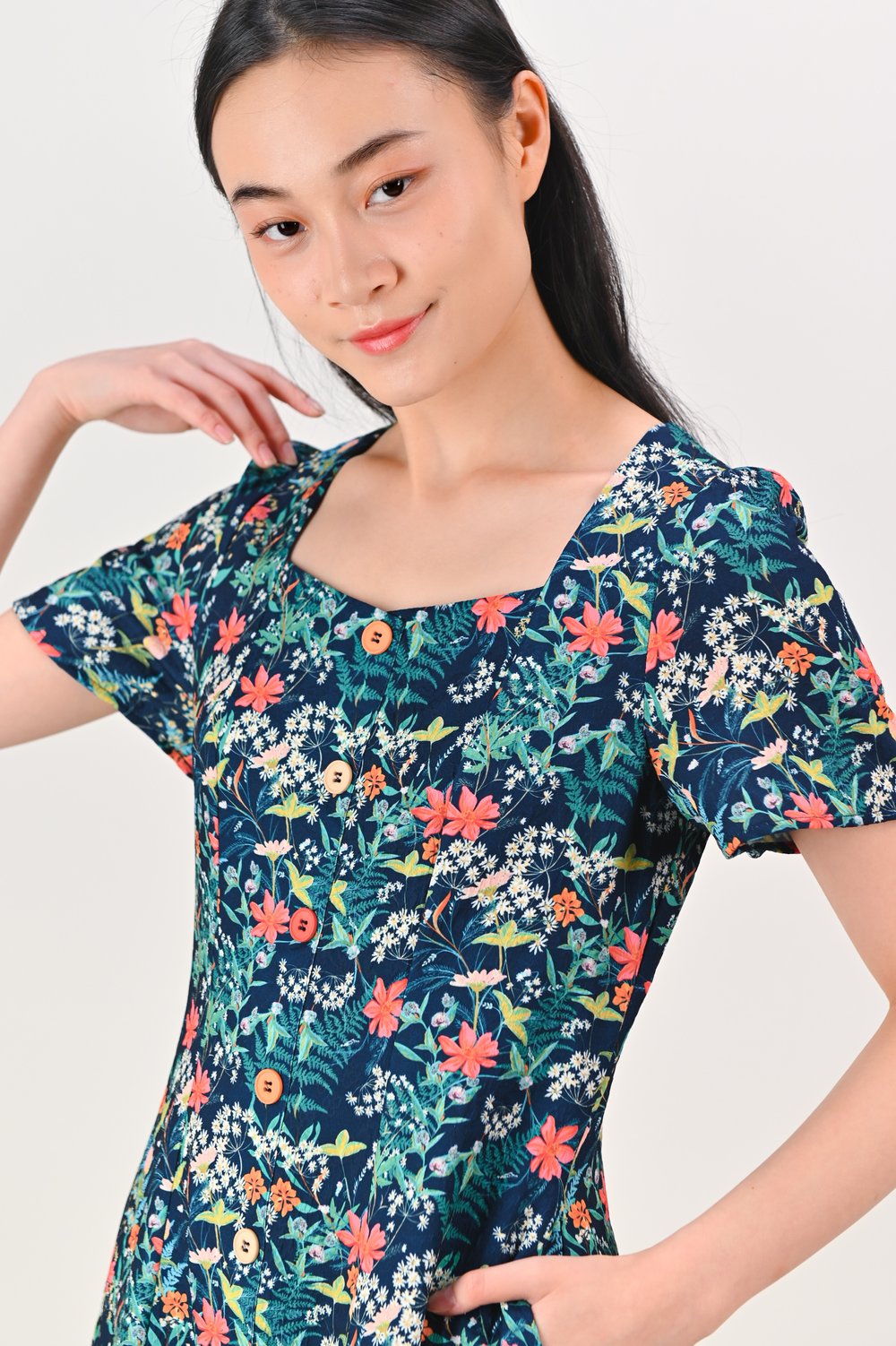 HALSTON NAVY FLORAL SQUARE-NECK SLEEVED BUTTON DRESS