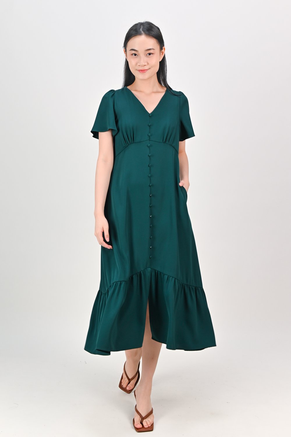 IRIE SLEEVED V-NECK BUTTON DRESS IN GREEN