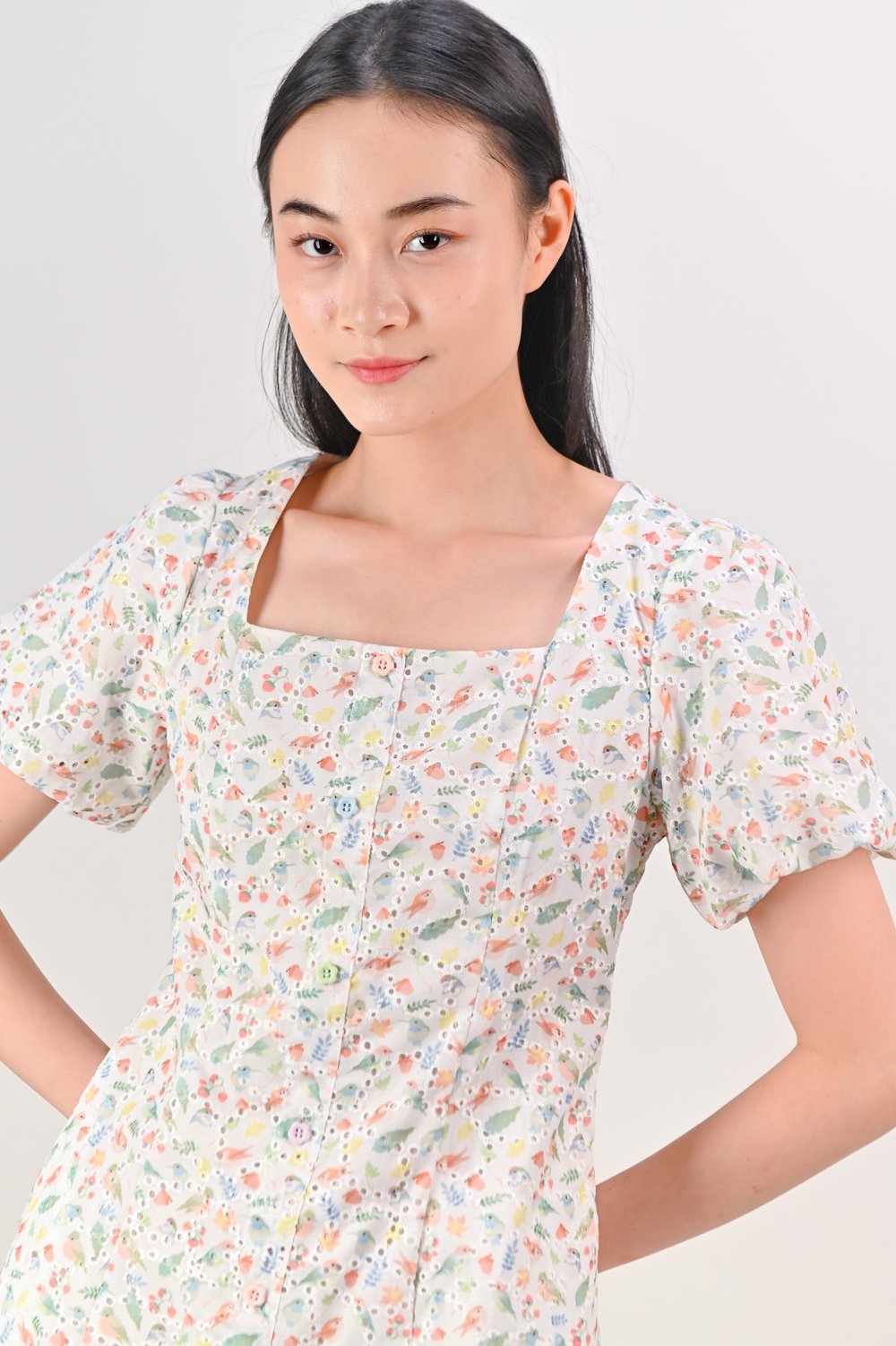 FRIENDS OF THE FOREST SLEEVED EYELET BUTTON DRESS