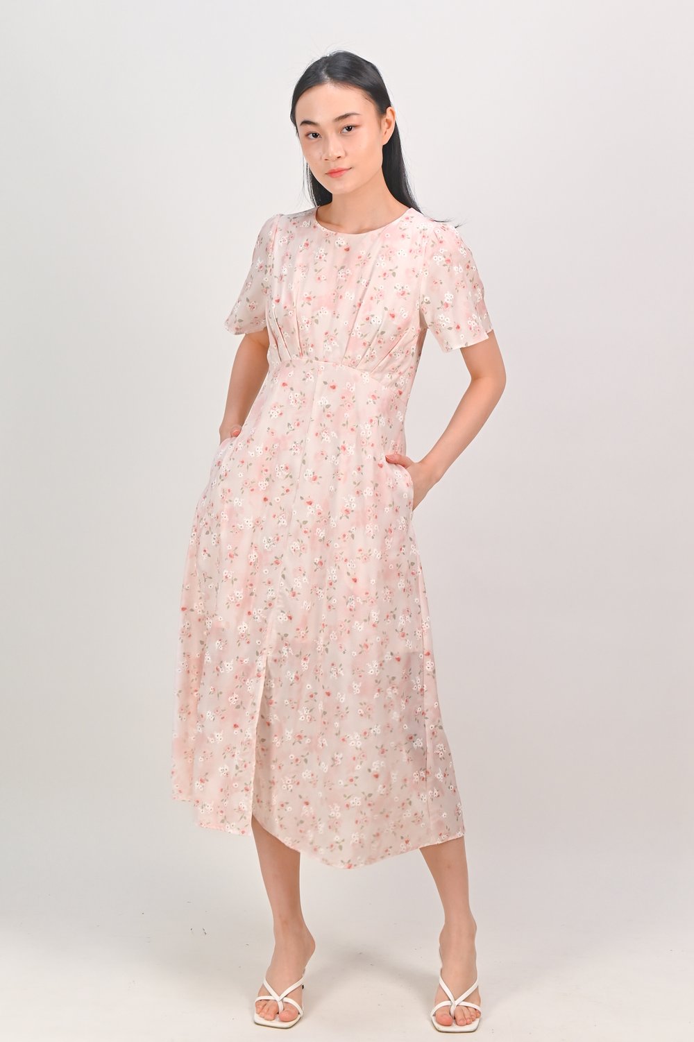 SOLENE PINK FLORAL SLEEVED PLEAT DRESS