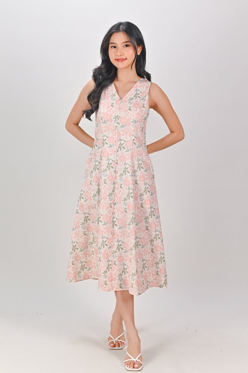 CAMY PEACH GARDEN SLEEVELESS BUTTON MIDI DRESS