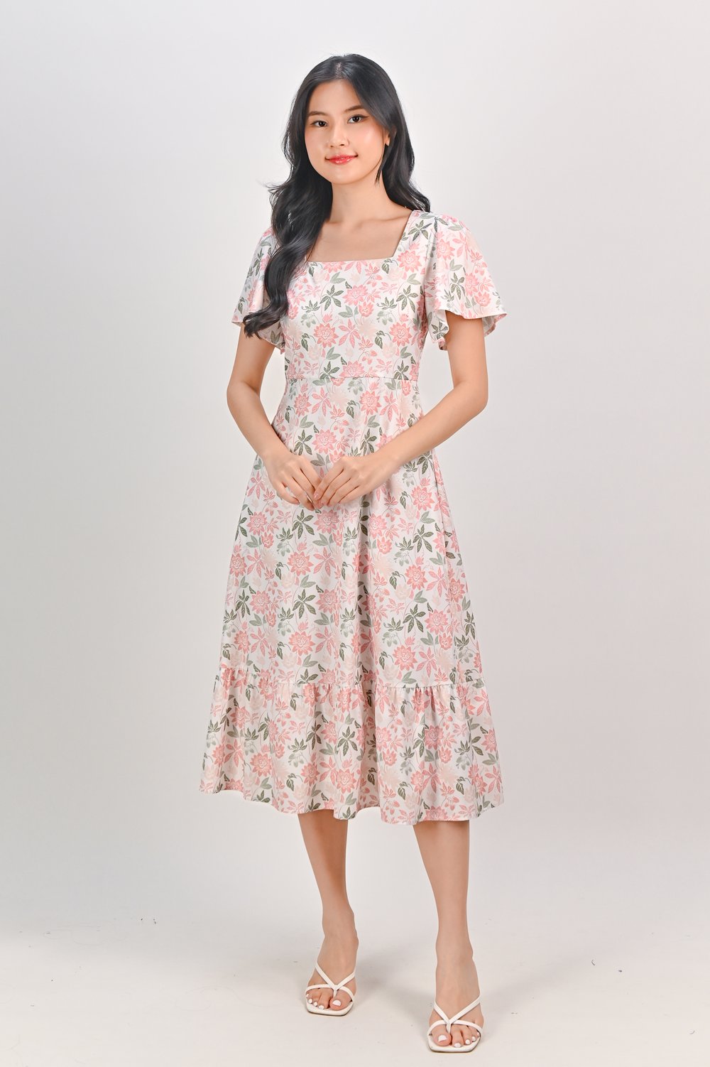 CAMY PEACH GARDEN SQUARE-NECK SLEEVED MIDI DRESS