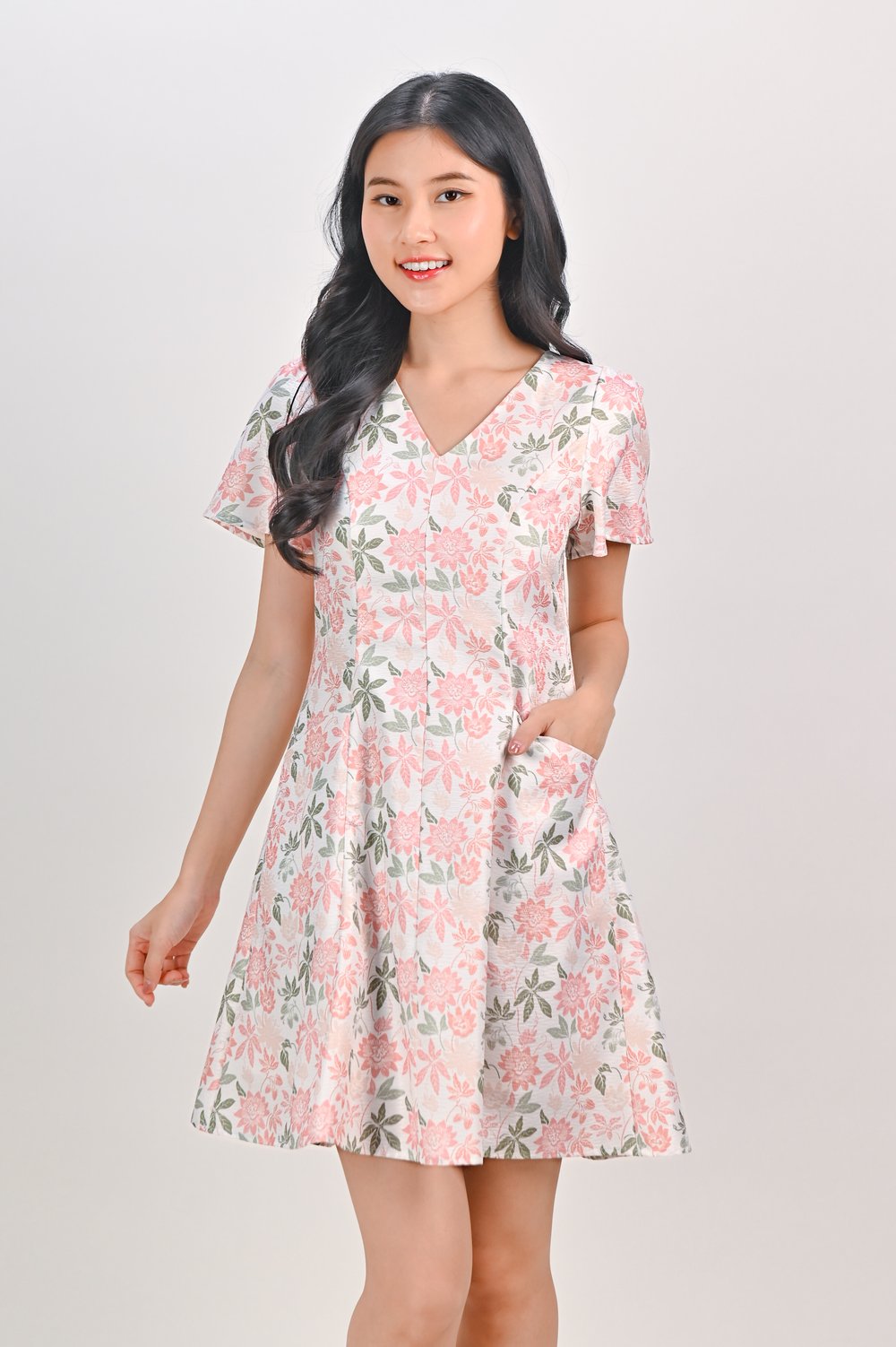 CAMY PEACH GARDEN V-NECK SLEEVED PANELLED DRESS