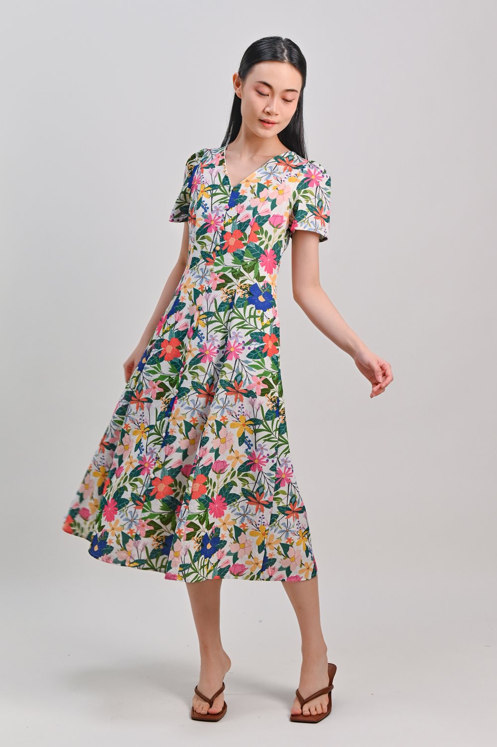 AMMIE FLORAL V-NECK SLEEVED BUTTON MIDI DRESS