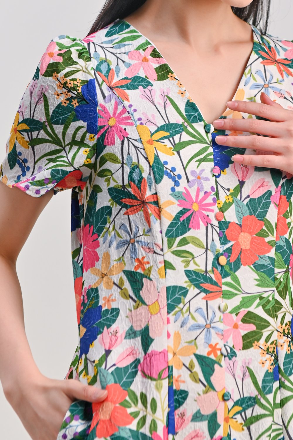 AMMIE FLORAL V-NECK SLEEVED BUTTON MIDI DRESS