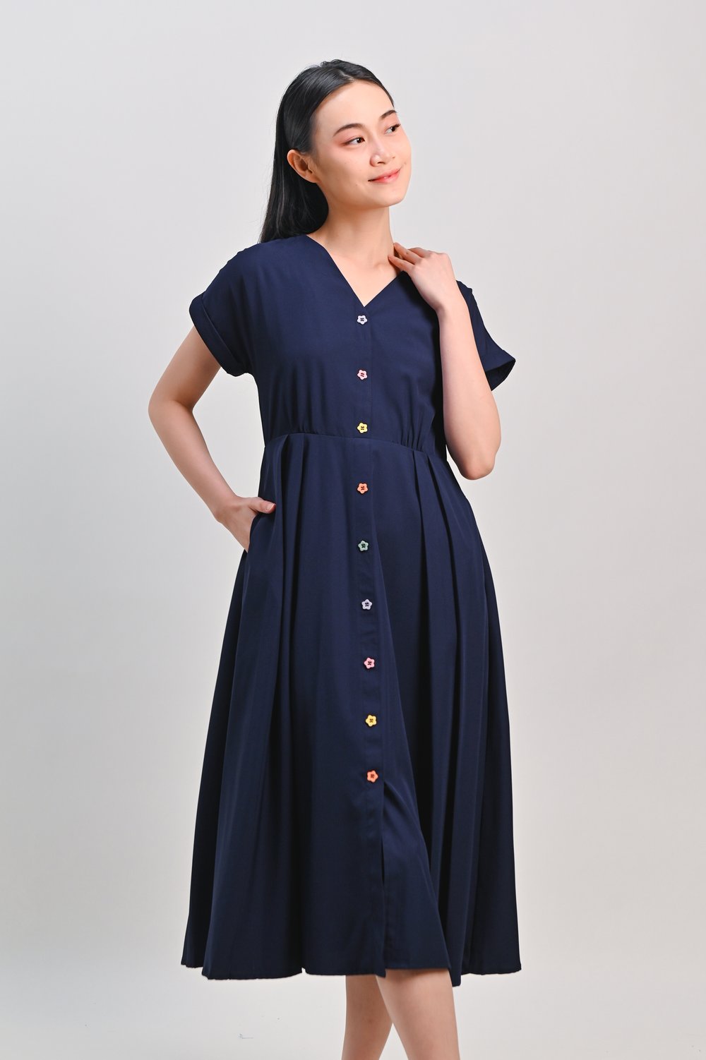 SERYN COLOURFUL-BUTTON SLEEVED DRESS IN NAVY