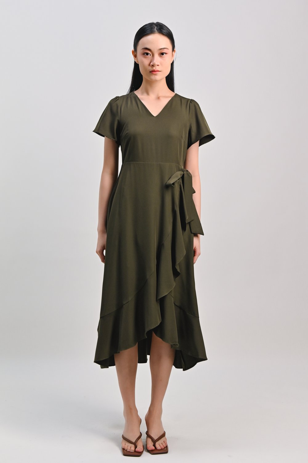 ROISIN SLEEVED FAUX-WRAP RUFFLE DRESS IN GREEN