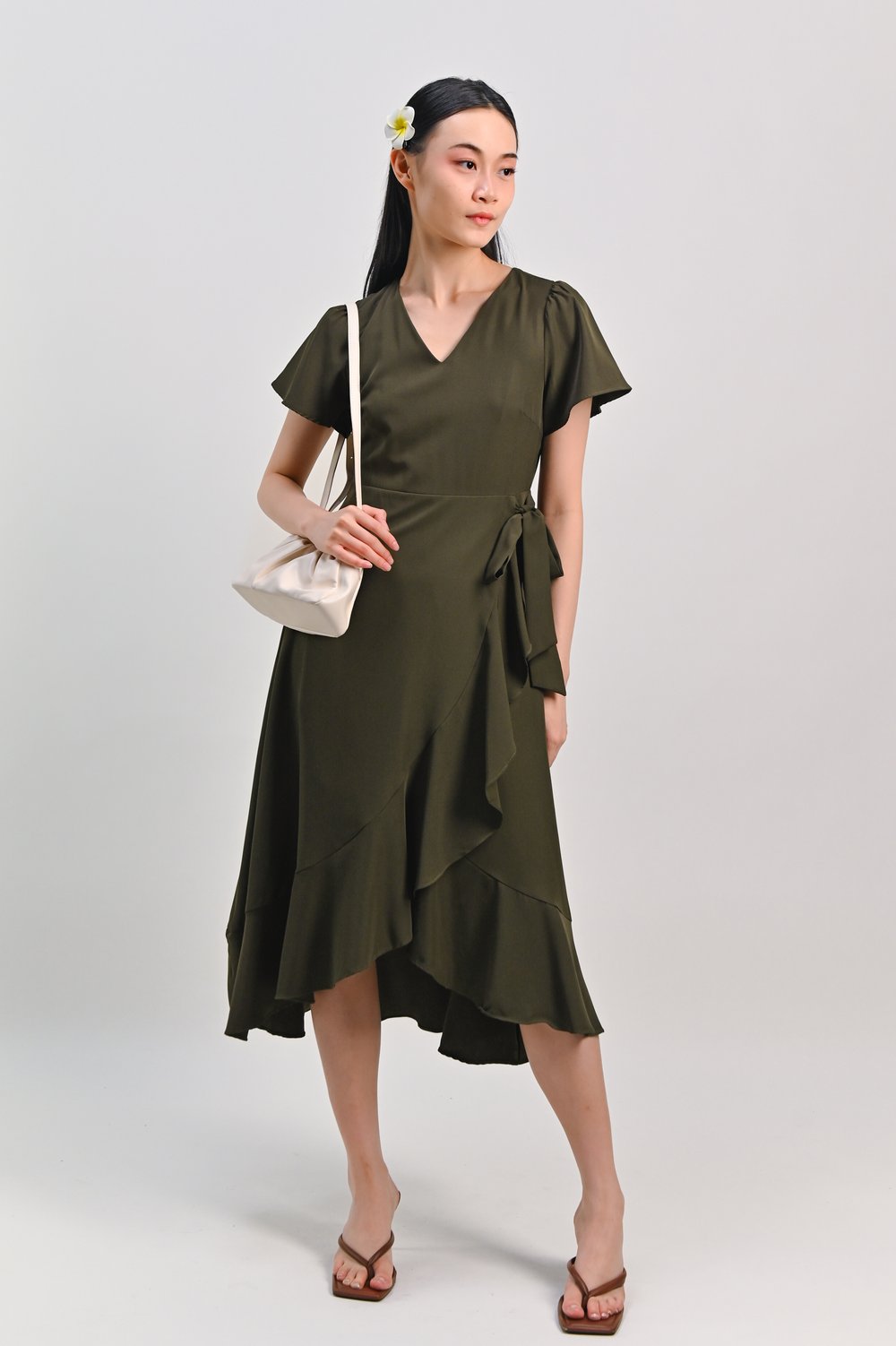 ROISIN SLEEVED FAUX-WRAP RUFFLE DRESS IN GREEN
