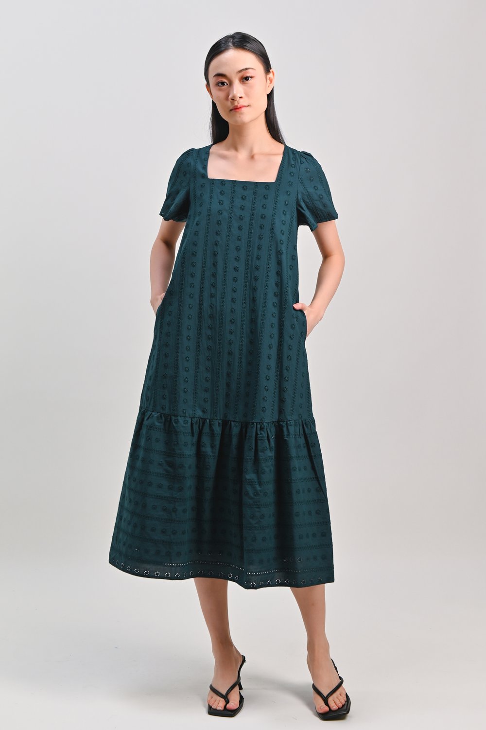 KEZIA EYELET SQUARE-NECK DRESS IN FOREST