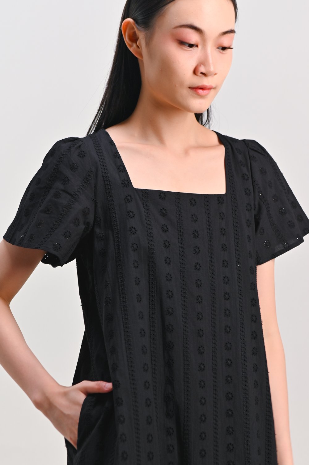 KEZIA EYELET SQUARE-NECK DRESS IN BLACK